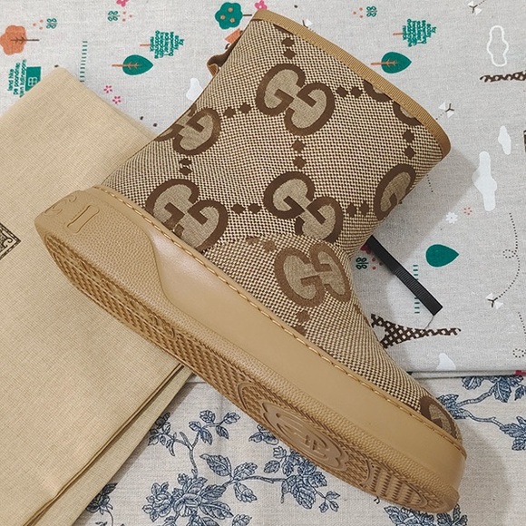 Gucci GG Brown Jacquard Fleece-Lined Ankle Boots - Picture 4 of 7